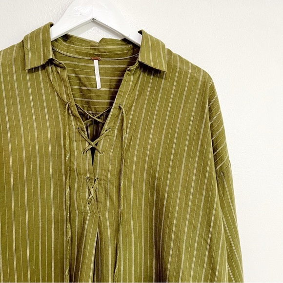 BOGO! Free People Under the Boardwalk Linen Cotton Lace Up Blouse Green Small - Picture 6 of 13